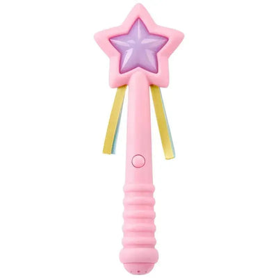 Preschool toy wand designed for children, featuring a pink star-shaped top and colorful ribbons.