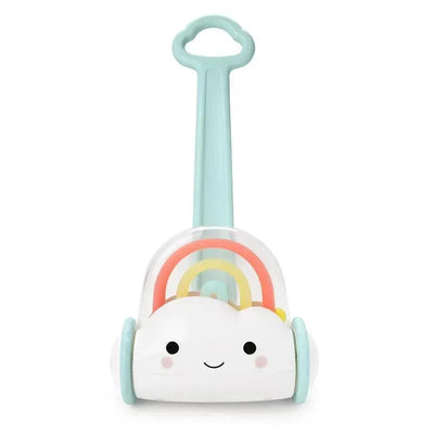 A smiling cloud push toy with a rainbow design, featuring a light blue handle and wheels for toddlers to play with.