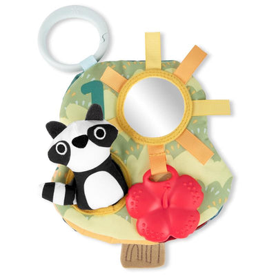 Soft baby activity book featuring a mirror, crinkle sounds, a plush raccoon, and a red flower teether.