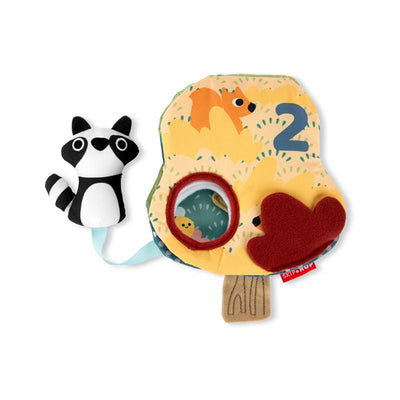 Soft baby activity book featuring crinkle sounds and colorful sensory elements, with a black and white raccoon character.