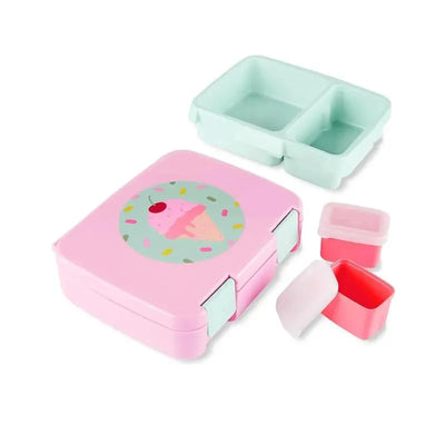 Skip Hop Spark Style Bento Box in ice cream design, featuring a pink exterior, ice cream graphic, and colorful removable containers.