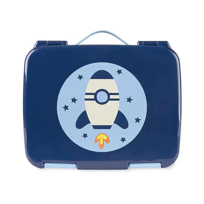 Bento lunch box featuring a rocket design on a navy blue background with stars. Ideal for children.