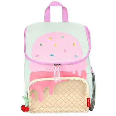 Big kid backpack featuring a pink ice cream design with colorful sprinkles, a mesh pocket, and a cherry zipper pull.