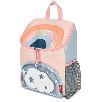 Skip Hop Spark Style Big Kid Backpack featuring a pastel rainbow design, cloud graphic, and mesh side pocket.