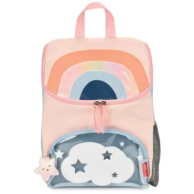 Big Kid Backpack in soft pastel colors featuring a rainbow design, a transparent bottom pocket with a cloud and stars.