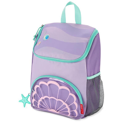 Purple seashell-patterned backpack with a front mesh pocket and a starfish zipper pull, designed for kids.