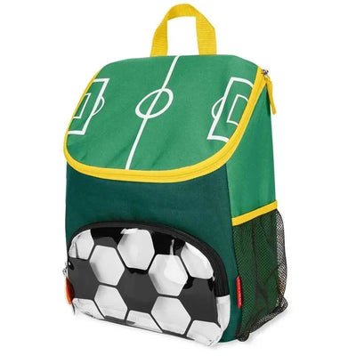 Big kid backpack designed like a soccer field, featuring a green body, yellow trim, and a soccer ball-patterned front pocket.