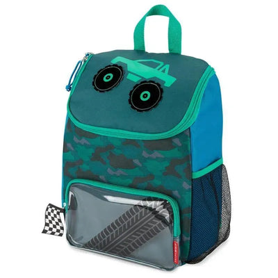 Big Kid backpack featuring a truck design, camouflage pattern, and a transparent front pocket with tire print.