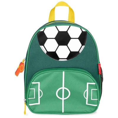 Little kid backpack featuring a soccer-themed design with a soccer ball graphic and green field elements.