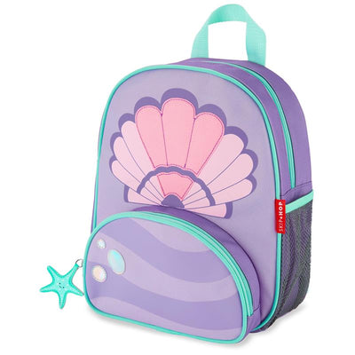 Backpack designed for little kids featuring a seashell design, purple color, and a starfish zipper pull. Ideal for everyday use.