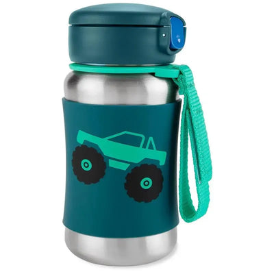 Stainless steel bottle with a teal truck design and a carrying strap, ideal for kids.