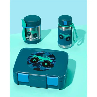 Stainless steel truck-themed bottles and lunchbox in teal color, featuring playful monster truck designs.