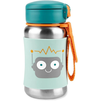 Stainless steel straw bottle featuring a playful robot design with a blue lid and orange strap.