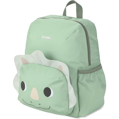 Skip Hop toddler backpack in mint green with adjustable padded straps and a dinosaur-themed front pocket.