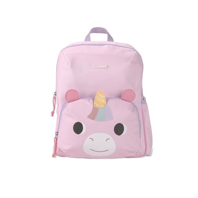 Pink Skip Hop toddler backpack featuring a unicorn design, adjustable padded straps, and a front pocket with a smiling unicorn face.