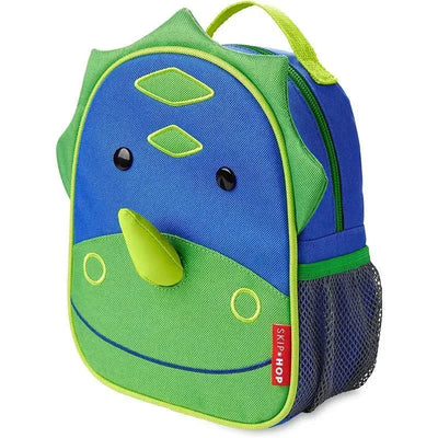 Mini backpack from Skip Hop featuring a dino design, with blue and green colors, eyes, and a mesh side pocket.