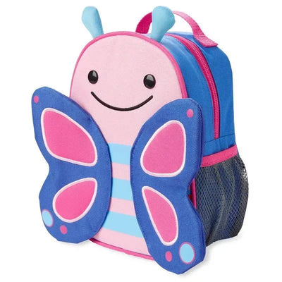 Skip Hop Zoo Mini Backpack in butterfly design, featuring pink front, blue accents, and decorative wing details.