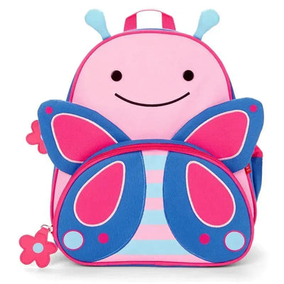 Backpack designed for kids featuring a butterfly motif in pink and blue, with a smiling face and flower zipper pull.