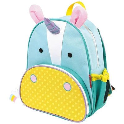 Skip Hop Zoo Little Kid Backpack in unicorn design, featuring a blue body, polka-dot yellow bottom, and playful ears and horn.