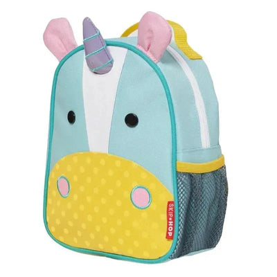 Mini backpack designed as a colorful unicorn, featuring a light blue body, yellow polka dot front, and playful ears.