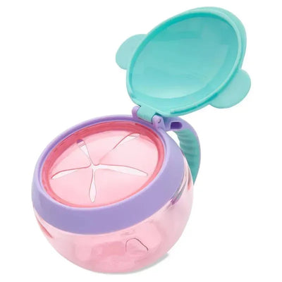 Koala-shaped snack cup with a transparent pink body, purple lid, and green handle, designed for easy snack access.