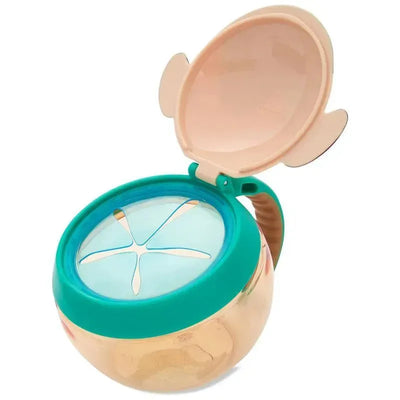 Snack cup with a pug design, featuring a teal lid and an easy-open top, ideal for storing snacks.