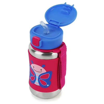 Stainless steel straw bottle featuring a colorful butterfly design, with a blue lid and pink silicone grip.