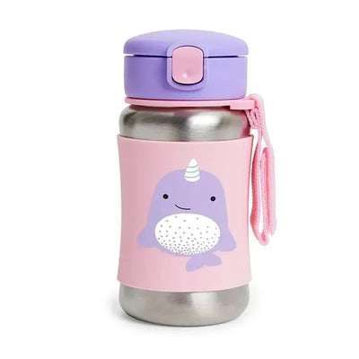 Stainless steel straw bottle featuring a pink narwhal design, designed for kids, with a purple lid and strap.