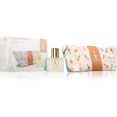 Sophie la Girafe Eau de Soin 100 ml in a frosted bottle with a gold cap, includes a pouch patterned with giraffes.