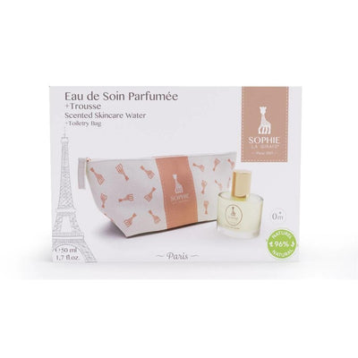 Sophie la Girafe Eau de Soin 100 ml skincare water with a patterned toiletry bag, featuring a giraffe design.