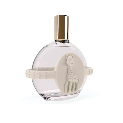 Sophie la Girafe Eau de Toilette 50 ml in a round glass bottle featuring a white giraffe emblem and a textured white band.