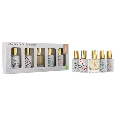 Set of five 10 ml mini bottles of Sophie la Girafe Eau de Toilette, featuring decorative designs and gold caps.