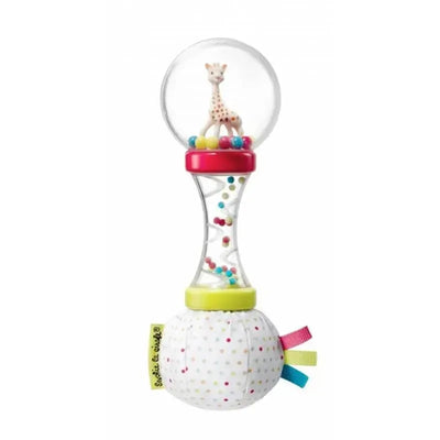 Sophie La Girafe Soft Maracas Rattle features a giraffe figure inside a clear ball, surrounded by colorful beads and a fabric base.