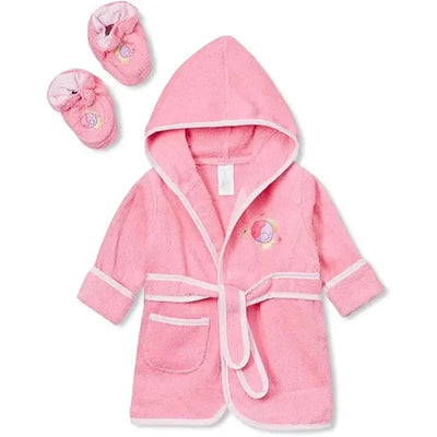 Hooded pink terry bathrobe for babies, featuring an embroidered fish design and matching booties.