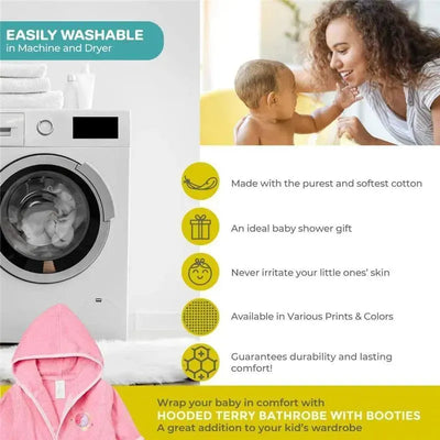 100% cotton pink hooded terry bathrobe with booties for babies, showcasing features like washability and comfort.