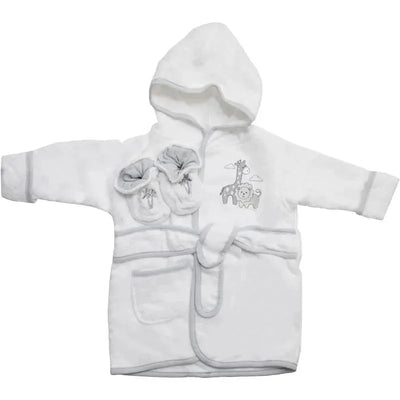 Hooded white terry bathrobe for babies, featuring a giraffe and lion design, with matching booties. One size, 100% cotton.