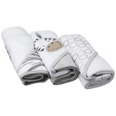 Set of three grey zebra hooded towels featuring a zebra face design and various patterns, perfect for children.