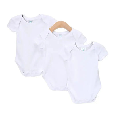 Three white short sleeve bodysuits, part of a Spasilk 3-pack, displayed on a wooden hanger.