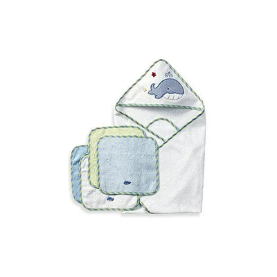 Hooded towel and washcloths set featuring a blue whale design, made of soft fabric for bath time use.