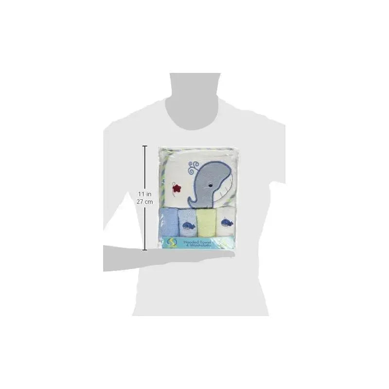 Spasilk - 4Pk Hooded Towel & 4Pk Washcloths, Blue Whale Image 2