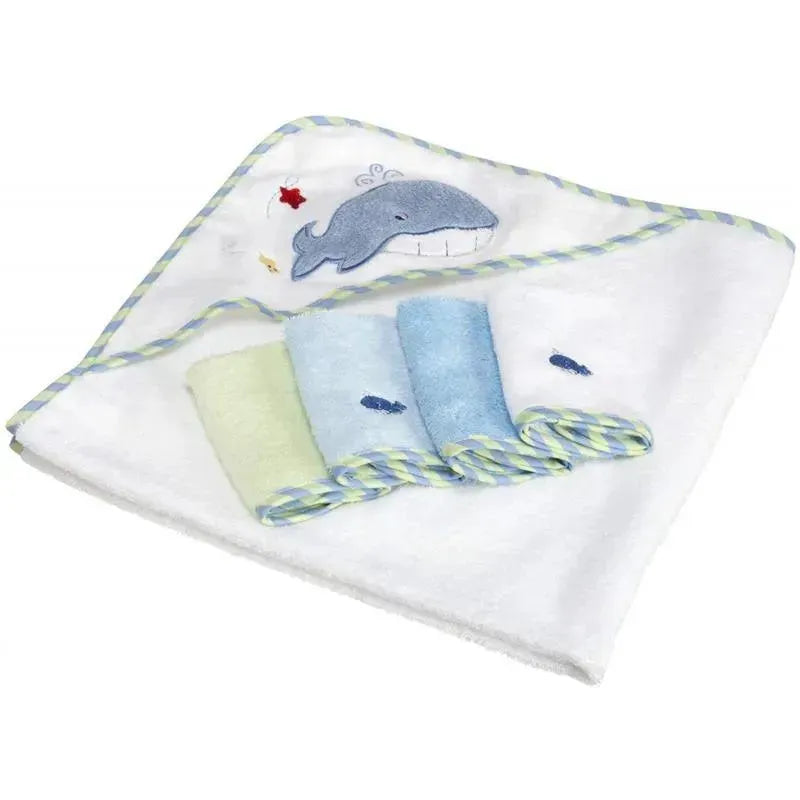 Spasilk - 4Pk Hooded Towel & 4Pk Washcloths, Blue Whale Image 3