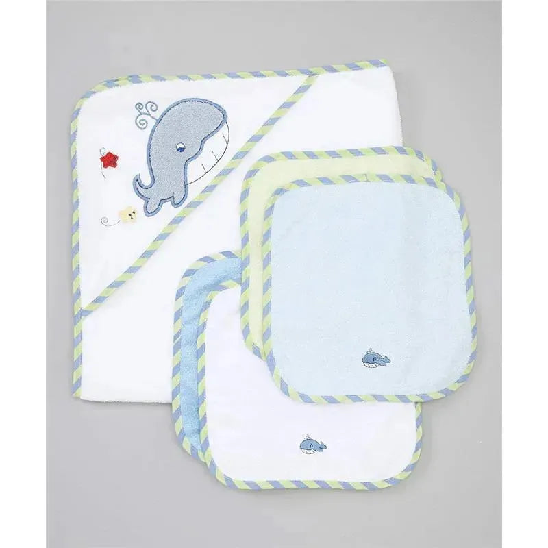 Spasilk - 4Pk Hooded Towel & 4Pk Washcloths, Blue Whale Image 4
