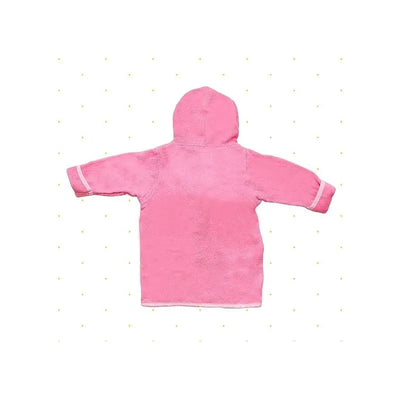 Terry bathrobe with hood in pink, featuring white trim, designed for comfort with matching booties.
