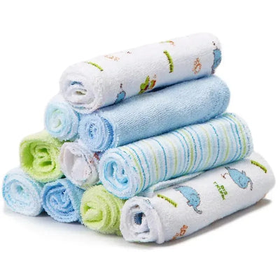 Set of ten rolled washcloths in various colors, featuring a blue elephant design and playful patterns.