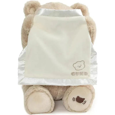 Animated Peek-A-Boo Bear wearing a soft, satin cape, featuring a cute bear logo, ideal for interactive play.