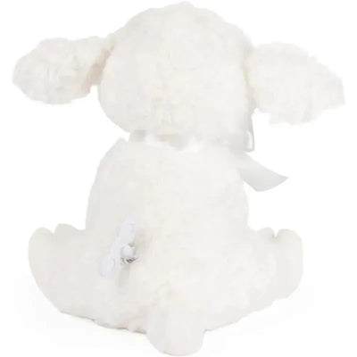 White plush lamb toy with floppy ears and a ribbon, designed to play music, suitable for babies 10 months and up.