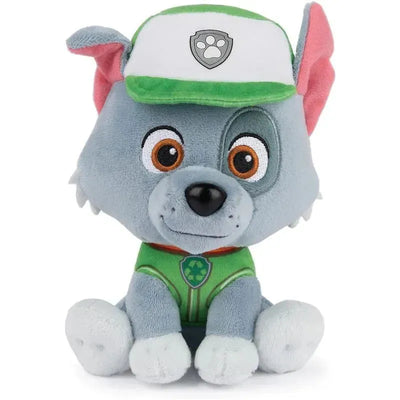 Plush toy of Rocky from PAW Patrol, featuring a green recycling uniform and a cap with a paw emblem.