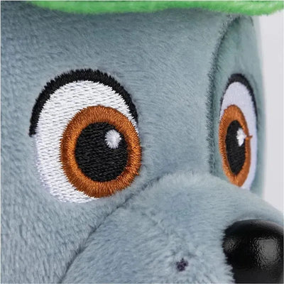 Close-up of Spin Master GUND PAW Patrol Rocky plush toy, featuring detailed embroidered eyes and soft grey fur.