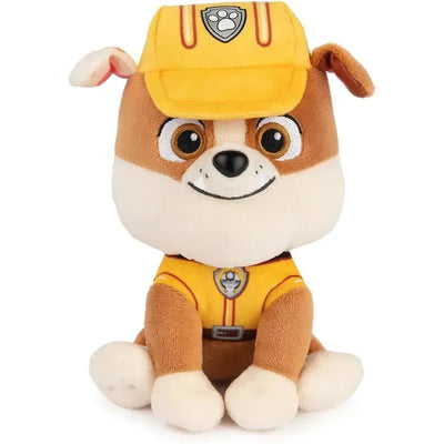 Plush toy of Rubble from PAW Patrol, wearing a yellow construction uniform and cap, suitable for ages 1 and up.