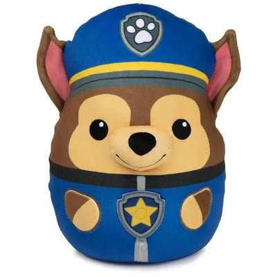 Squishy plush toy of Chase from PAW Patrol, featuring a blue uniform and large friendly eyes, suitable for ages 1+.